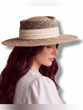 Two Tone Woven Wide Brim Boater Straw Hat